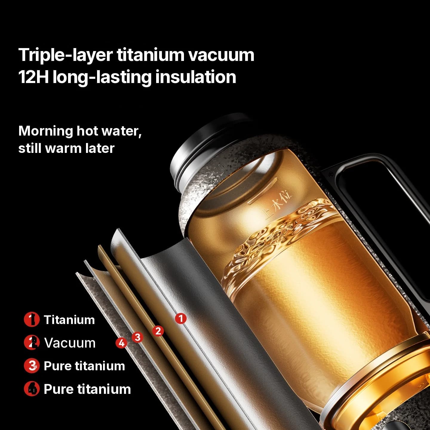 Gryno titano termosinis puodelis su temperatūros ekranu, 601-700ml