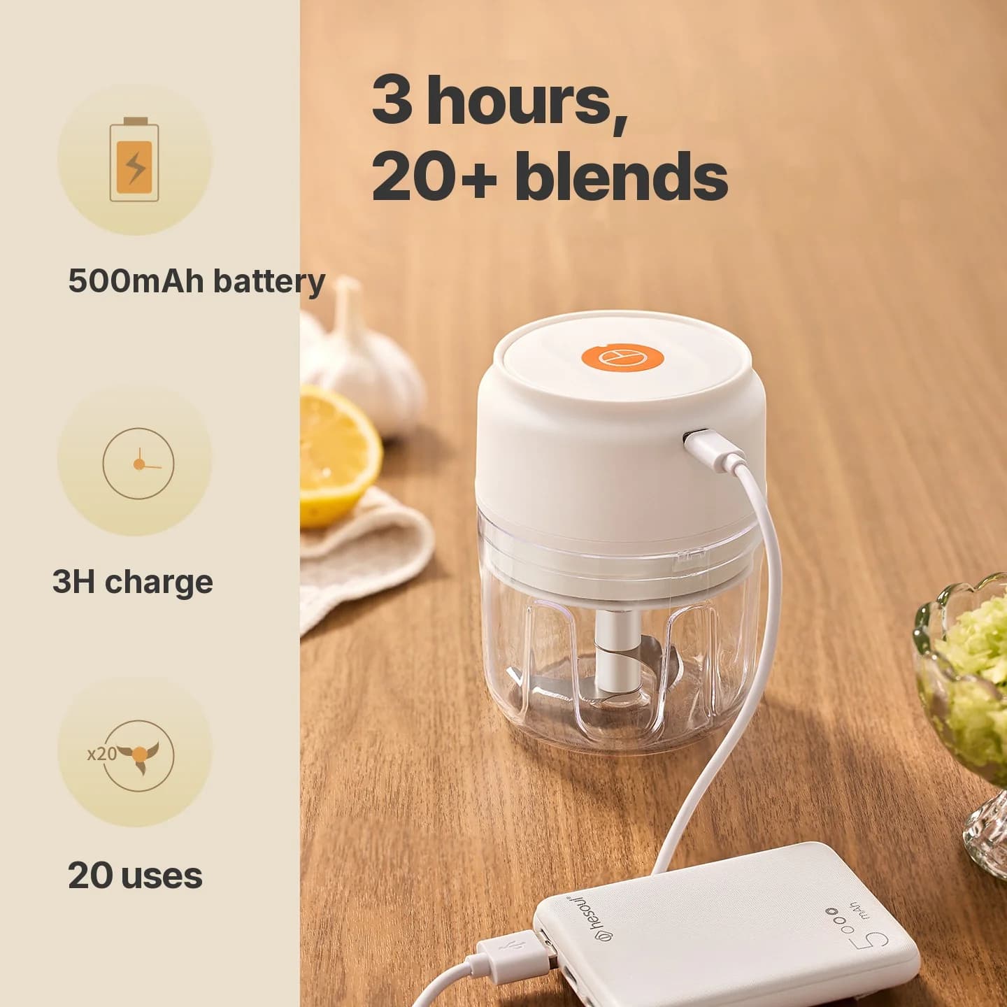 Belaidis elektrinis česnakų smulkintuvas 250mL 5V 30W plastikinis