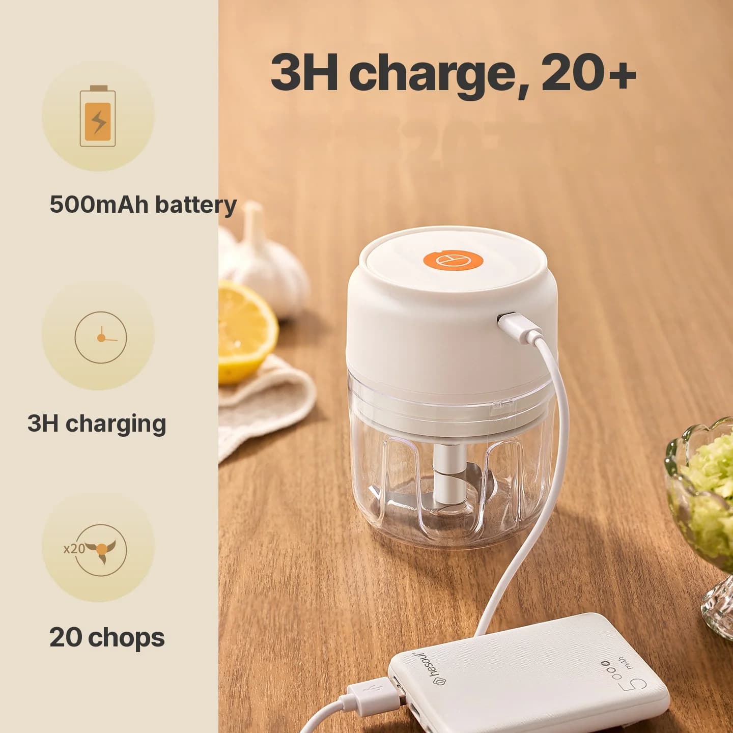 Belaidis elektrinis česnako smulkintuvas, 250 ml, 5 V, 30 W, plastikinis